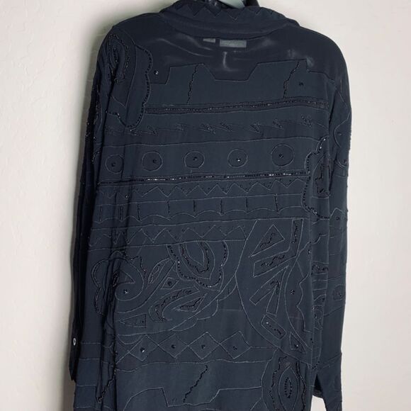 VTG Chico’s Black Beaded Oversized button Up Tunic Swim Cover Up Split Hem 3 XL - Picture 13 of 16